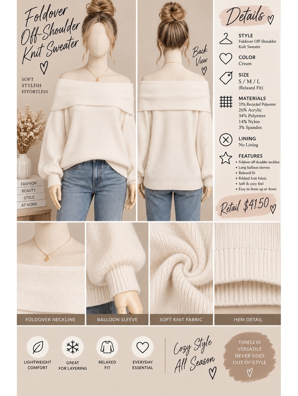 Timing Off-Shoulder Knit Sweater Cream Size L Relaxed Fit